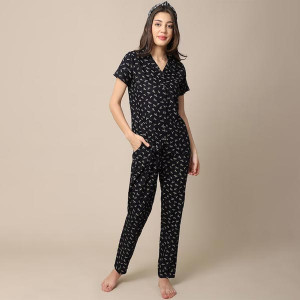 Women Black Printed Night suit